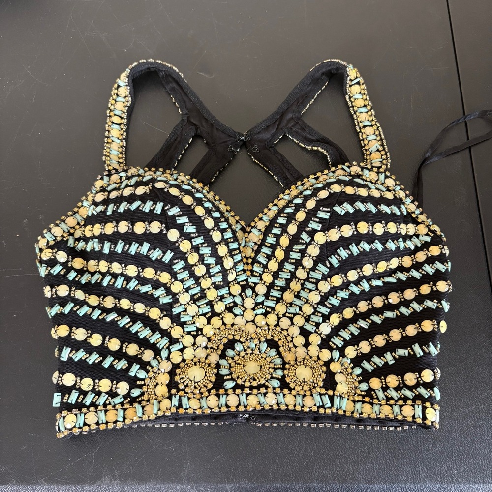 All Over Beaded Rhinestone Belly Dancing Costume Crop Top Sz 0 Blue Gold Black
